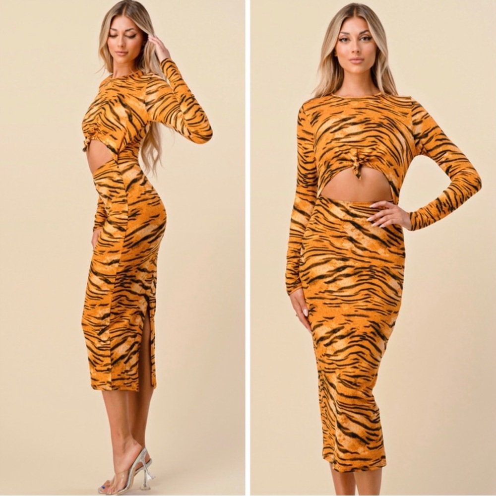 Tiger print midi cut out dress